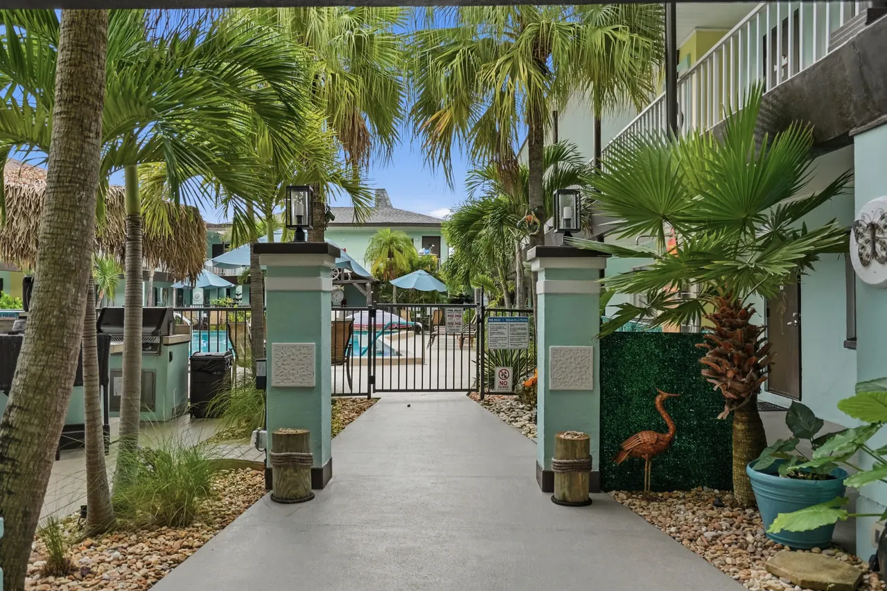 Palm-lined walkway through the courtyard