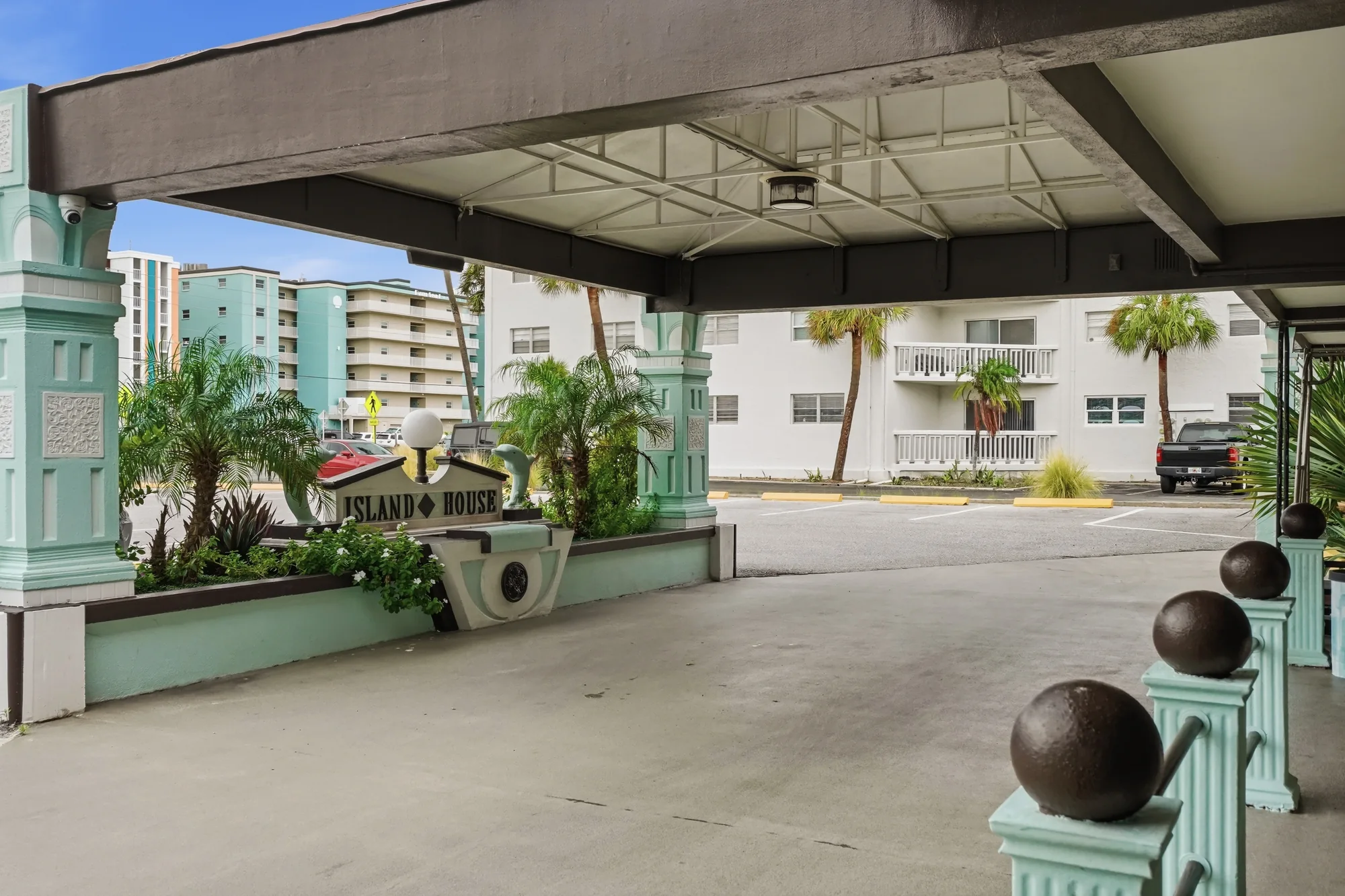 Open-air lounge seating at the hotel